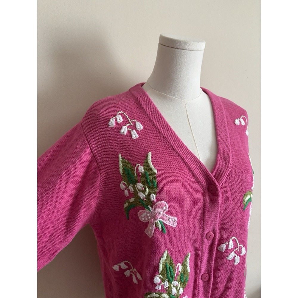 VTG 90s Spring Wild Flowers Embroidered Cotton‎ Cardigan Medium Pink Cottage - Picture 2 of 6